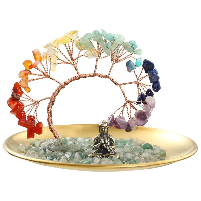 7 Chakra Crystal Tree - Buddha Statue Money for Wealth and Luck Yoga Meditation Home Decor Shelf Accents, Living Room Bedroom Office Decoration, Bookshelf Decor, TV Stand
