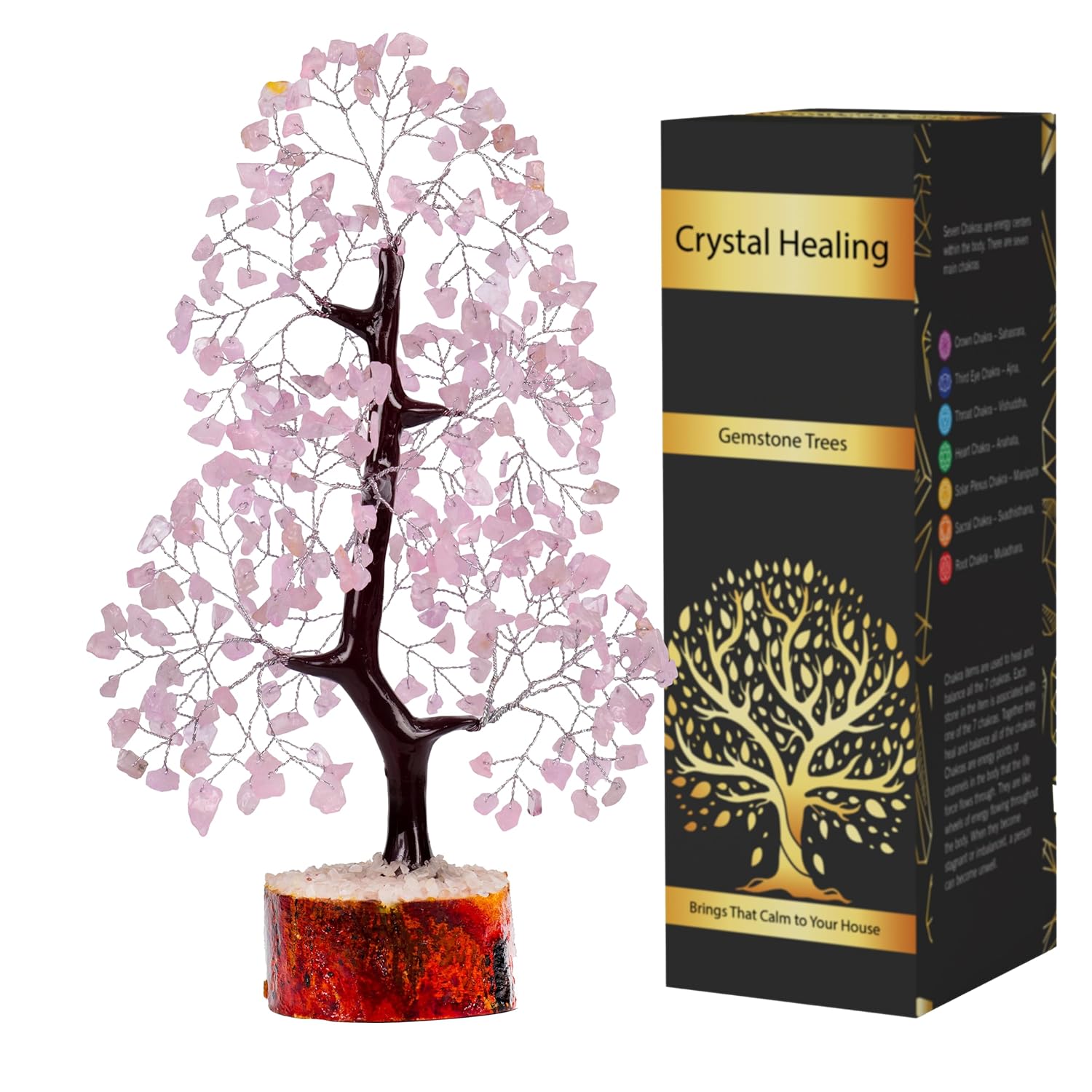 7 Chakra Money Tree Healing Feng Shui Statues & Figurines Reiki Crystal Balancing Buddha Home Décor (Rose Quartz Silver)