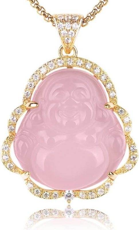 ASGIFT Laughing Buddha Necklace Cubic Zirconia Green Jade Buddha Pendant with 18K Gold Plated Chain Lucky Buddha Necklace Jewelry Gift