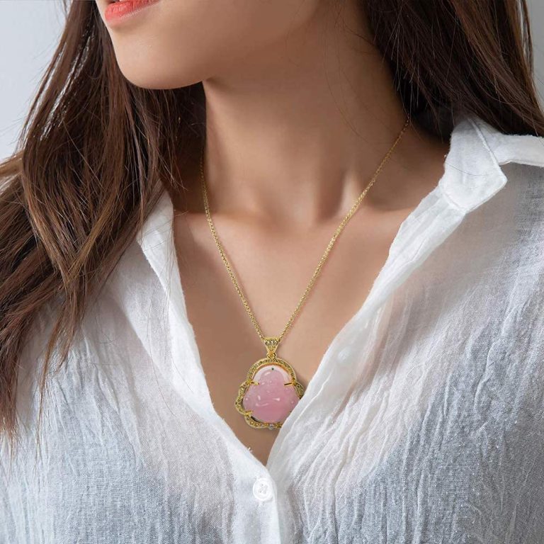 ASGIFT Laughing Buddha Necklace Cubic Zirconia Green Jade Buddha Pendant with 18K Gold Plated Chain Lucky Buddha Necklace Jewelry Gift