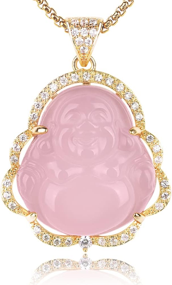 ASGIFT Laughing Buddha Necklace Cubic Zirconia Green Jade Buddha Pendant with 18K Gold Plated Chain Lucky Buddha Necklace Jewelry Gift