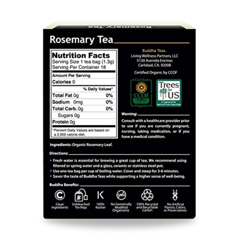 Buddha Teas - Organic Rosemary Tea - Herbal Tea - Stimulating & System Regulating - With Antioxidants & Minerals - Clean Ingredients - Caffeine Free - OU Kosher - 18 Tea Bags...
