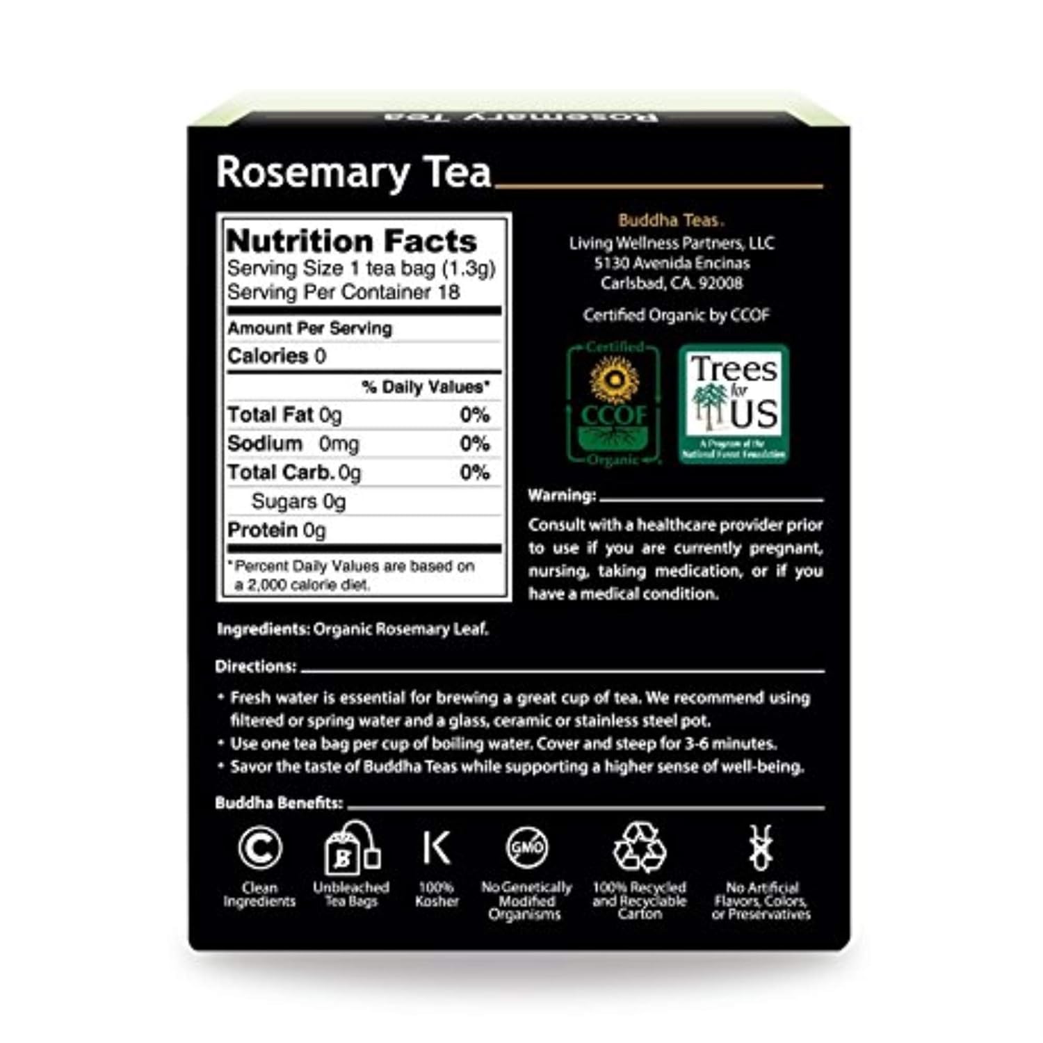 Buddha Teas - Organic Rosemary Tea - Herbal Tea - Stimulating & System Regulating - With Antioxidants & Minerals - Clean Ingredients - Caffeine Free - OU Kosher - 18 Tea Bags...