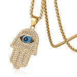HZMAN 18k Gold Plated Iced Out CZ Stainless Steel Blue Evil Eye Beads Fatima Hamsa Hand Pendant Necklace