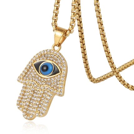 HZMAN 18k Gold Plated Iced Out CZ Stainless Steel Blue Evil Eye Beads Fatima Hamsa Hand Pendant Necklace