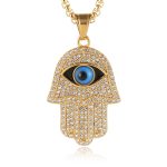 HZMAN 18k Gold Plated Iced Out CZ Stainless Steel Blue Evil Eye Beads Fatima Hamsa Hand Pendant Necklace