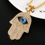 HZMAN 18k Gold Plated Iced Out CZ Stainless Steel Blue Evil Eye Beads Fatima Hamsa Hand Pendant Necklace