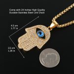 HZMAN 18k Gold Plated Iced Out CZ Stainless Steel Blue Evil Eye Beads Fatima Hamsa Hand Pendant Necklace