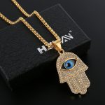 HZMAN 18k Gold Plated Iced Out CZ Stainless Steel Blue Evil Eye Beads Fatima Hamsa Hand Pendant Necklace