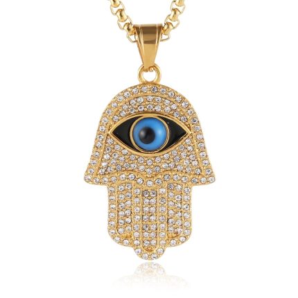 HZMAN 18k Gold Plated Iced Out CZ Stainless Steel Blue Evil Eye Beads Fatima Hamsa Hand Pendant Necklace