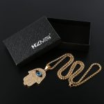 HZMAN 18k Gold Plated Iced Out CZ Stainless Steel Blue Evil Eye Beads Fatima Hamsa Hand Pendant Necklace