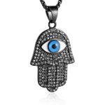 HZMAN 18k Gold Plated Iced Out CZ Stainless Steel Blue Evil Eye Beads Fatima Hamsa Hand Pendant Necklace