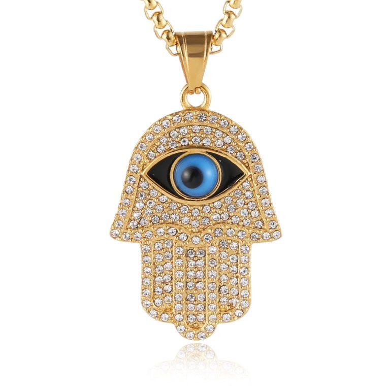 HZMAN 18k Gold Plated Iced Out CZ Stainless Steel Blue Evil Eye Beads Fatima Hamsa Hand Pendant Necklace