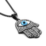 HZMAN 18k Gold Plated Iced Out CZ Stainless Steel Blue Evil Eye Beads Fatima Hamsa Hand Pendant Necklace