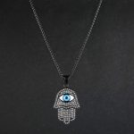 HZMAN 18k Gold Plated Iced Out CZ Stainless Steel Blue Evil Eye Beads Fatima Hamsa Hand Pendant Necklace