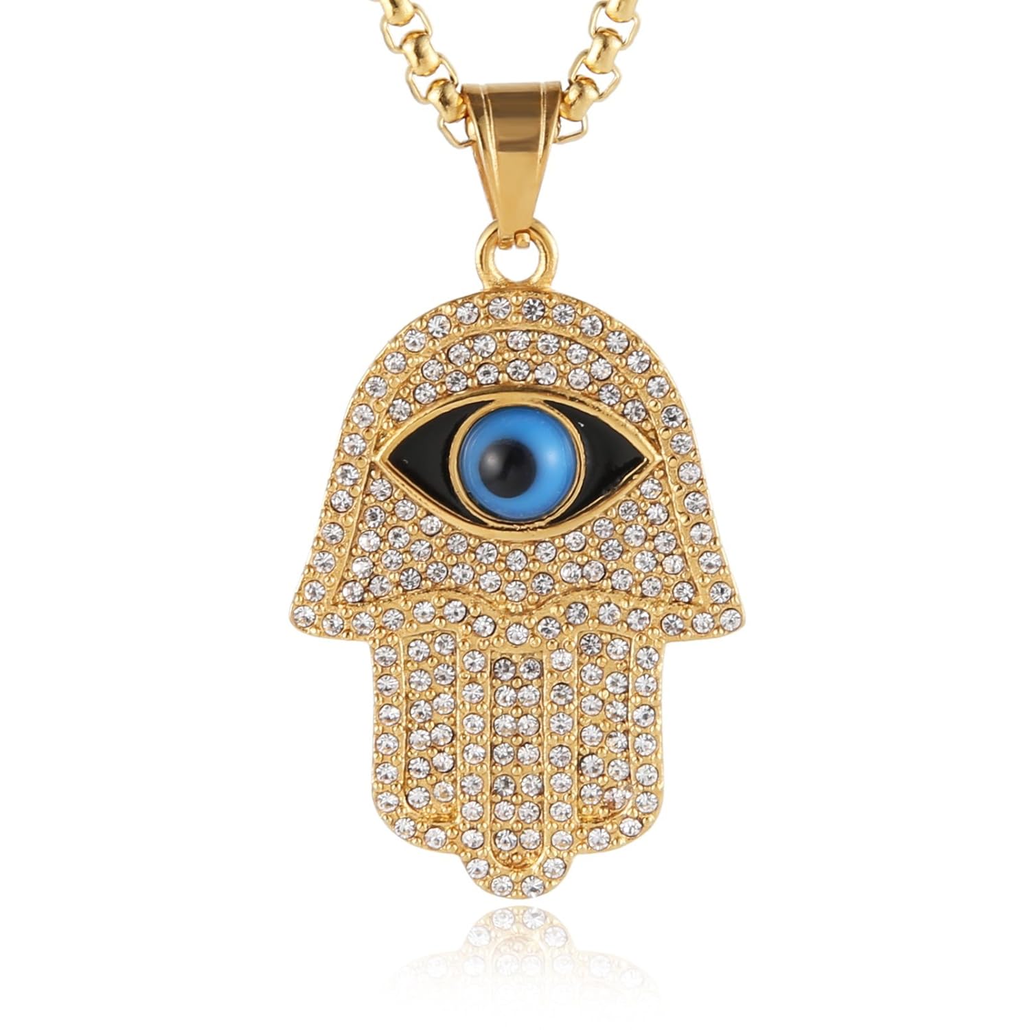 HZMAN 18k Gold Plated Iced Out CZ Stainless Steel Blue Evil Eye Beads Fatima Hamsa Hand Pendant Necklace HZMAN 18k Gold Plated Iced Out CZ Stainless Steel Blue Evil Eye Beads Fatima Hamsa Hand Pendant Necklace