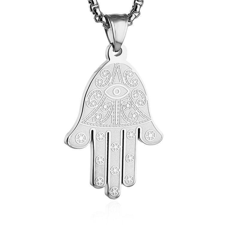 HZMAN Khamsah Stainless Steel Egyptian Eye Fatima Hamsa Hand Pendant Necklace Success and Protection Lucky