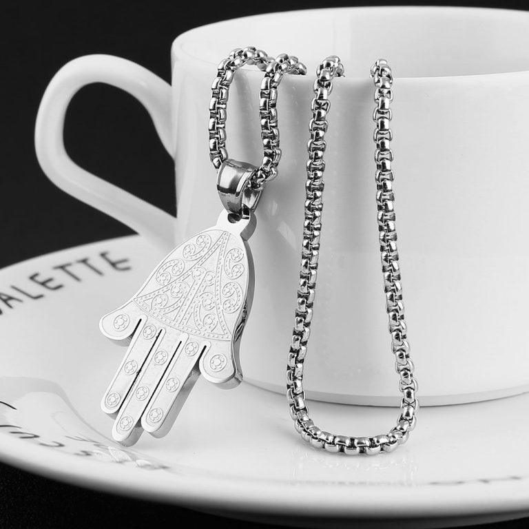 HZMAN Khamsah Stainless Steel Egyptian Eye Fatima Hamsa Hand Pendant Necklace Success and Protection Lucky
