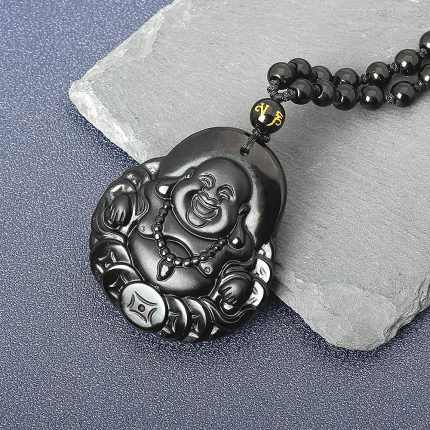 Natural Obsidian Necklace Lucky Amulet Protection Pendant with Adjustable Bead Chain Black Crystal Talisman Spiritual Jewelry Gift for Men Women